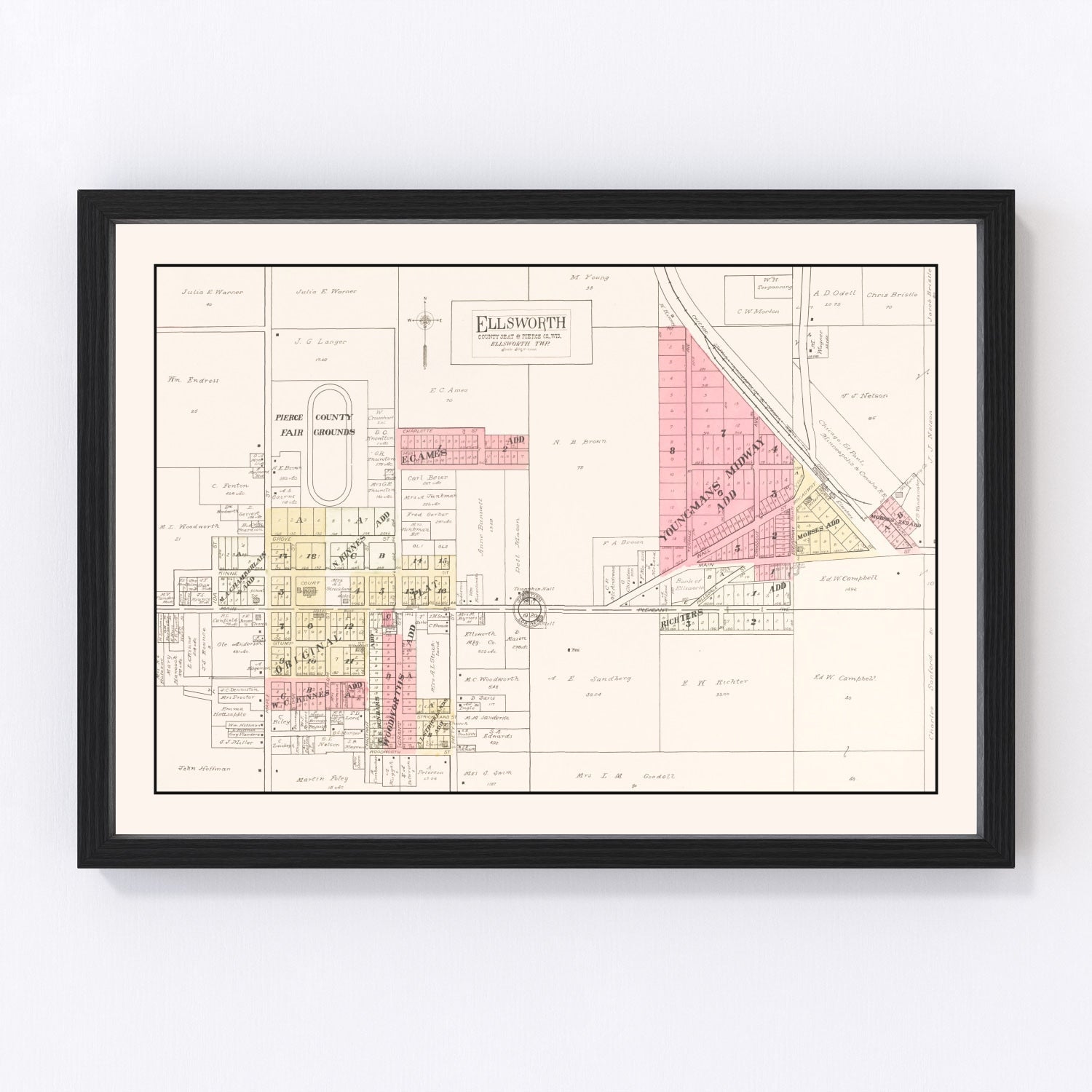 Vintage Map of Ellsworth, Wisconsin 1908
