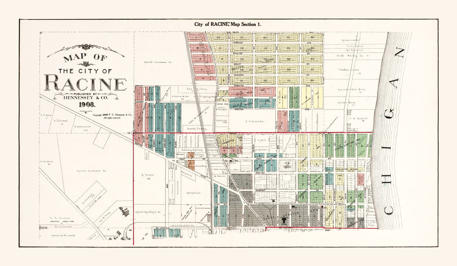 Vintage Map of Racine, Wisconsin 1908