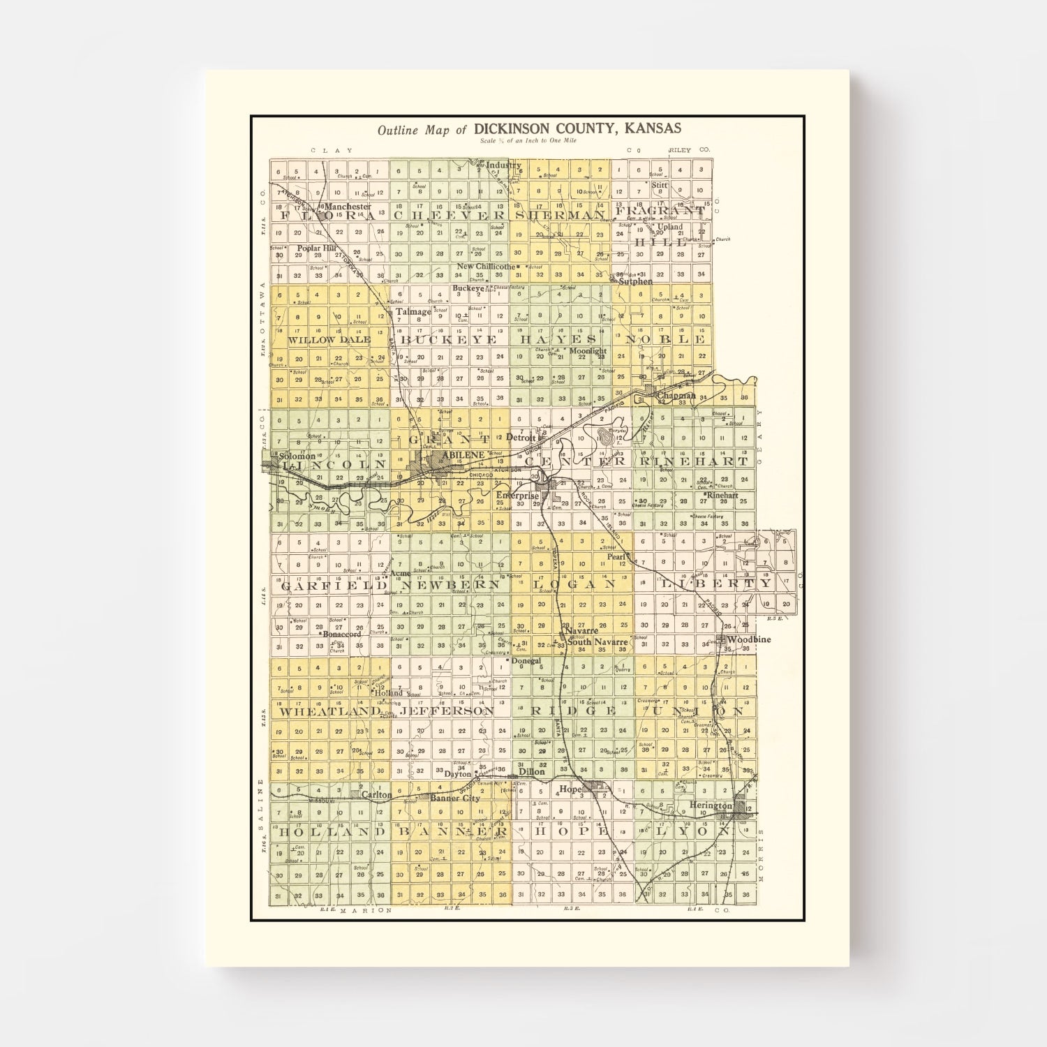 Vintage Map of Dickinson County, Kansas 1909