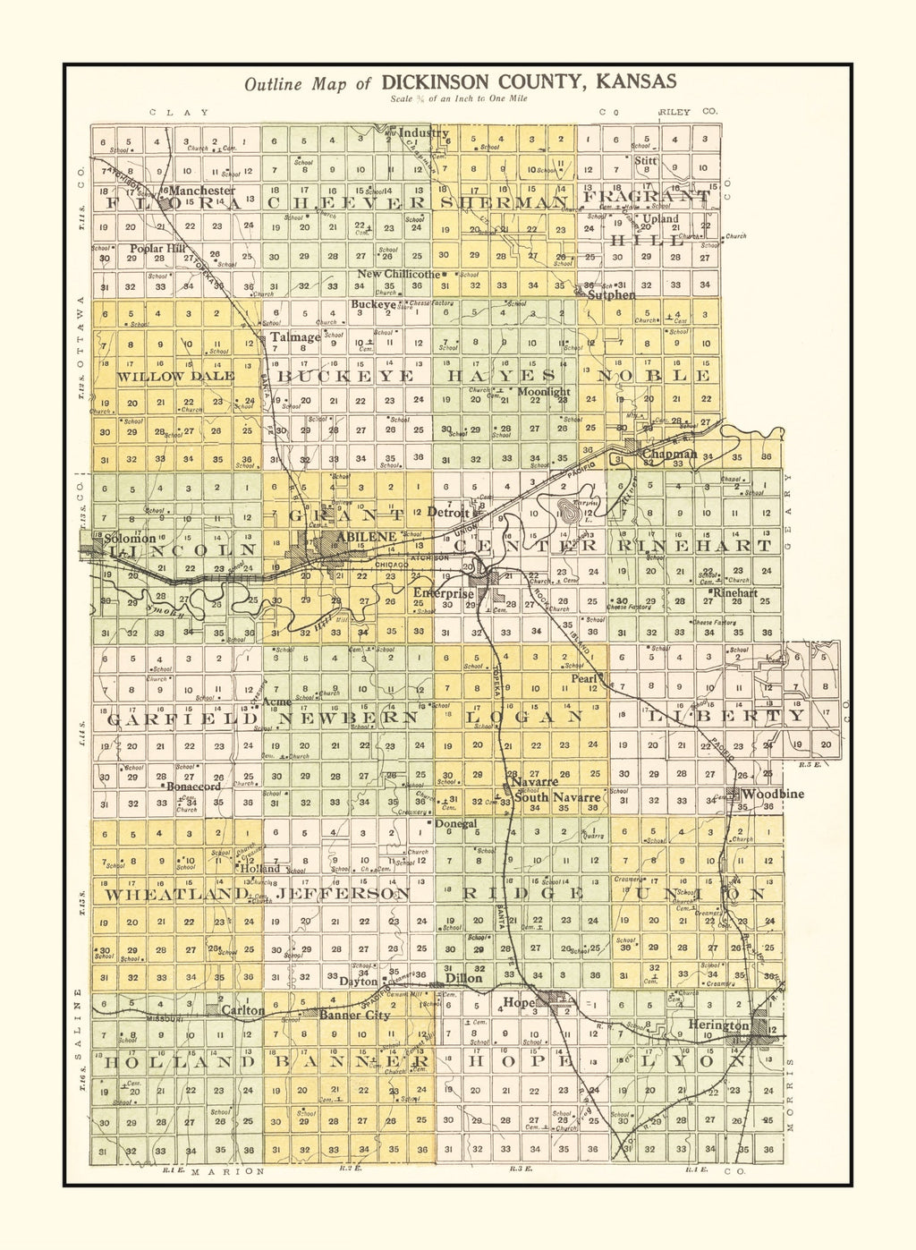 Vintage Map of Dickinson County, Kansas 1909