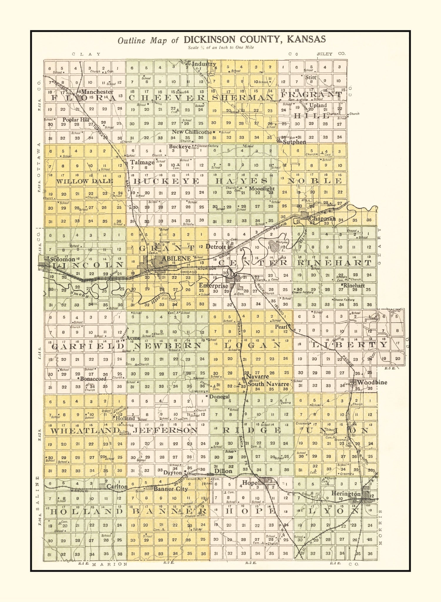 Vintage Map of Dickinson County, Kansas 1909