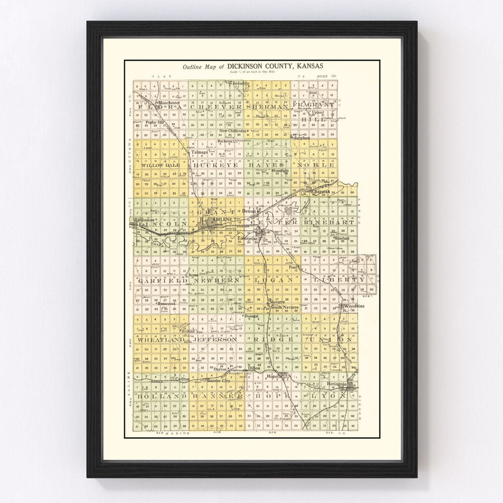 Vintage Map of Dickinson County, Kansas 1909