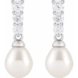Rhodium-Plated Sterling Silver Cultured White Freshwater Pearl & Imitation White Cubic Zirconia Earrings – image 2