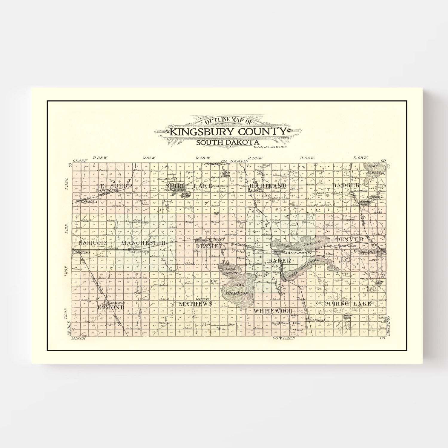 Vintage Map of Kingsbury County, South Dakota 1909