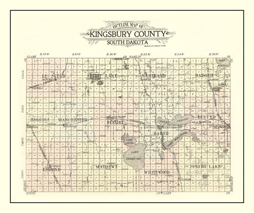 Vintage Map of Kingsbury County, South Dakota 1909
