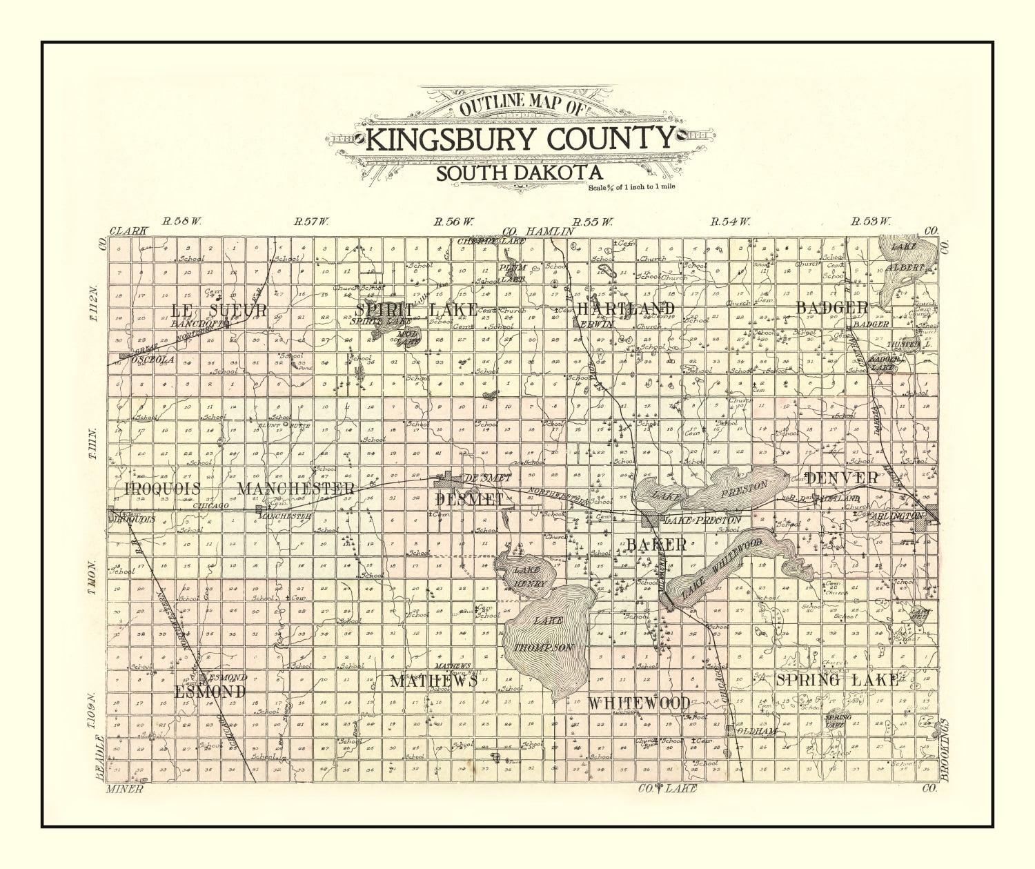 Vintage Map of Kingsbury County, South Dakota 1909