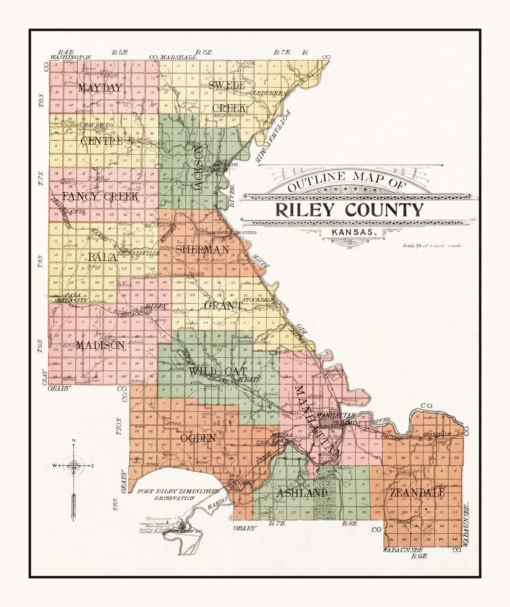 Vintage Map of Riley County, Kansas 1909