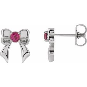 Platinum Natural Pink Tourmaline Bow Stud Earrings