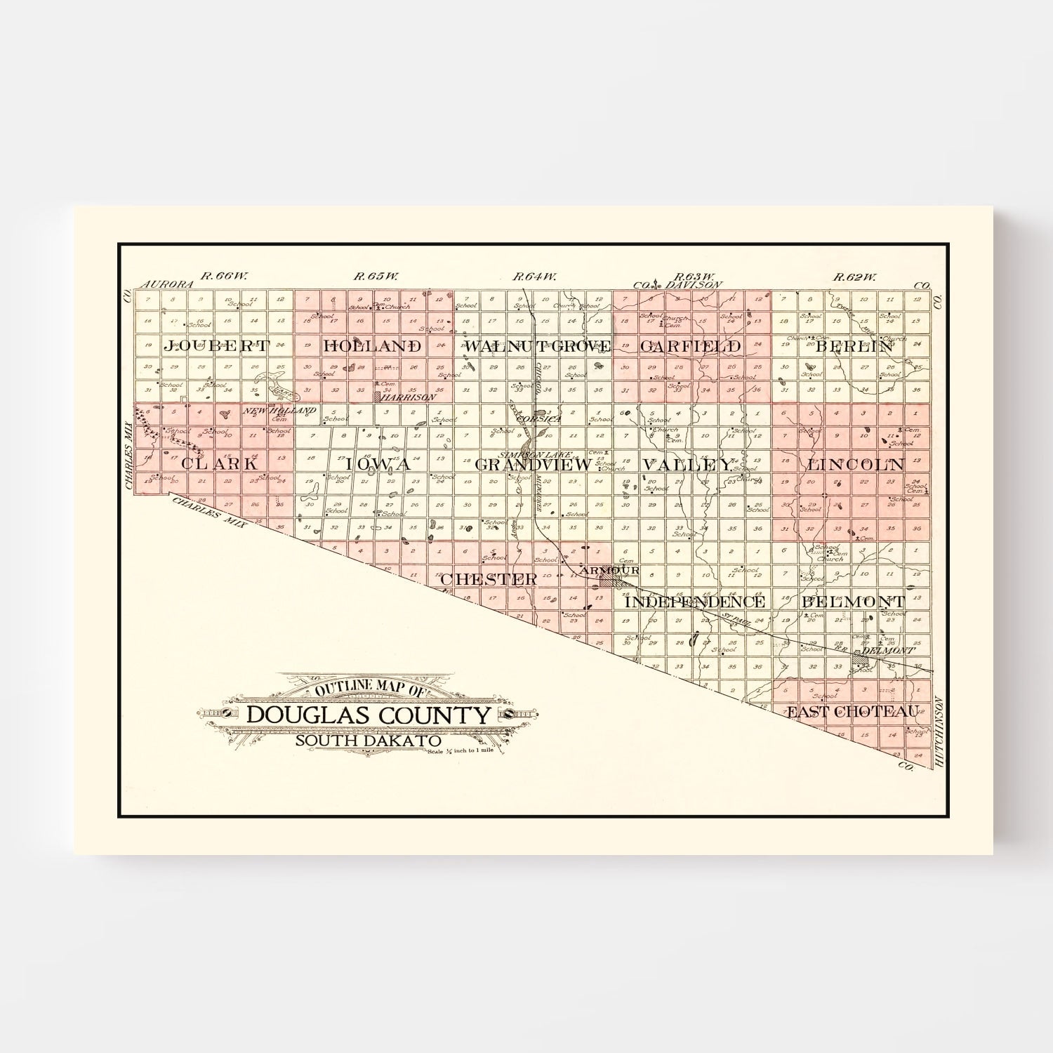Vintage Map of Douglas County, South Dakota 1909