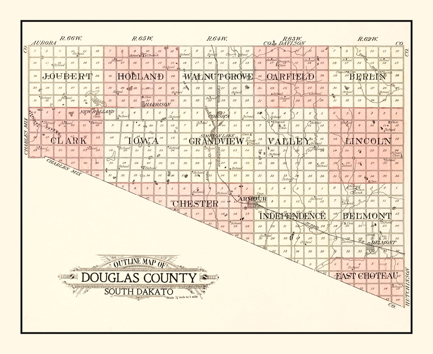 Vintage Map of Douglas County, South Dakota 1909