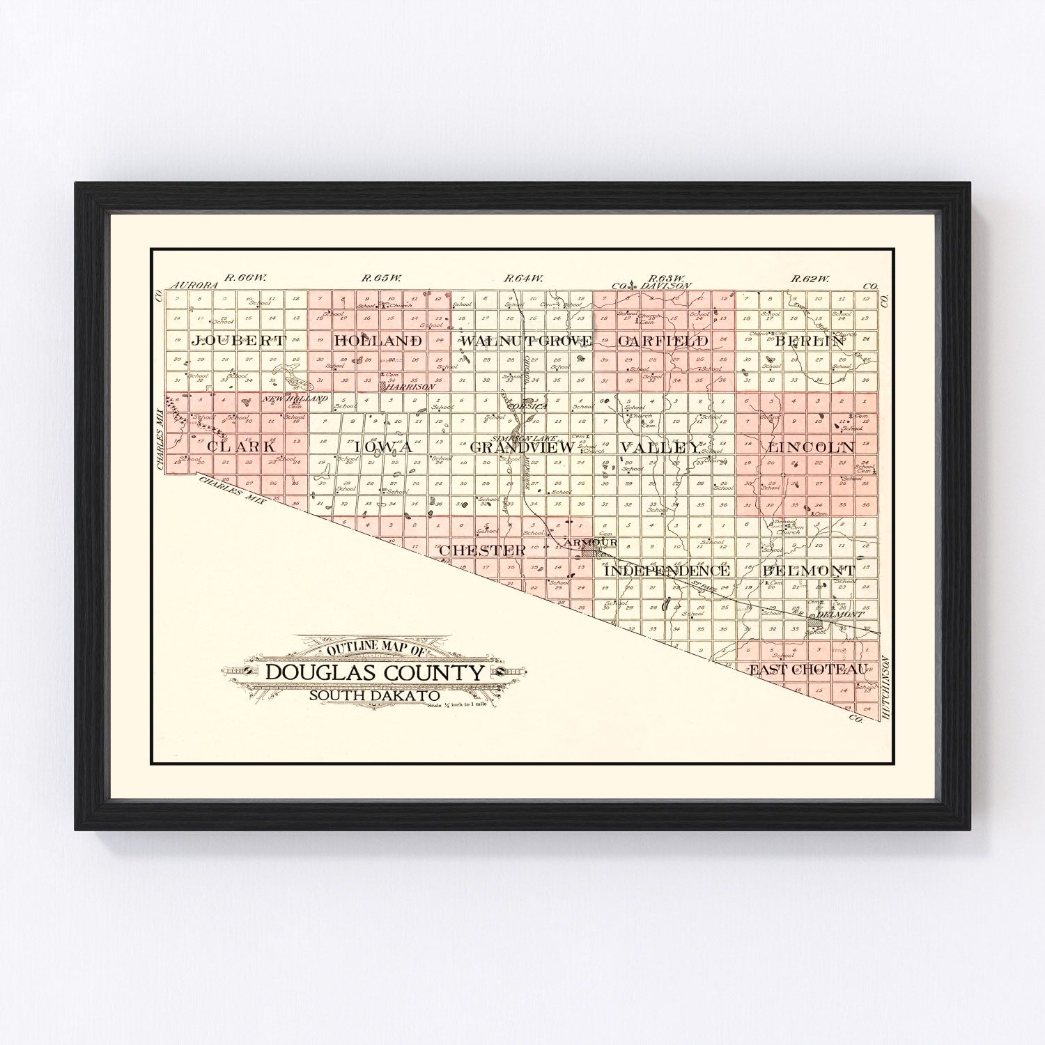 Vintage Map of Douglas County, South Dakota 1909