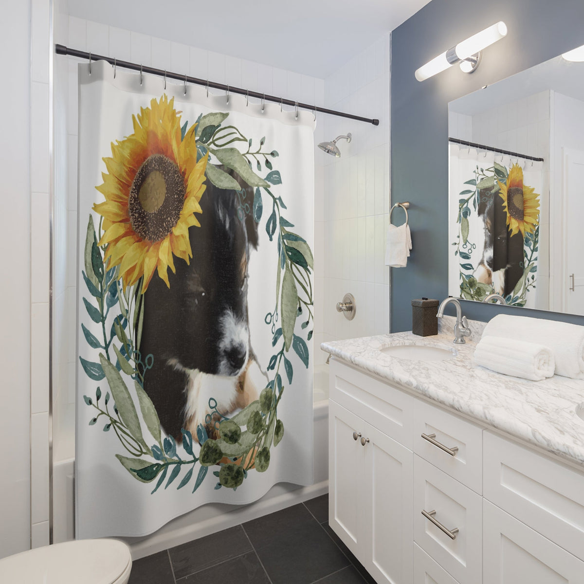Cute Black Puppy with Sunflower Hat Shower Curtain