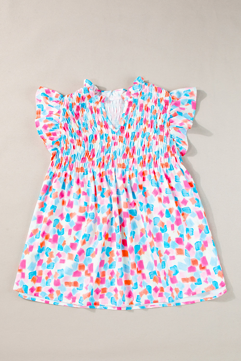 Abstract Print Shirred Yoke Ruffle Blouse