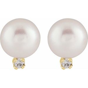 14K Yellow Cultured White Akoya Pearl & .02 CTW Natural Diamond Earrings