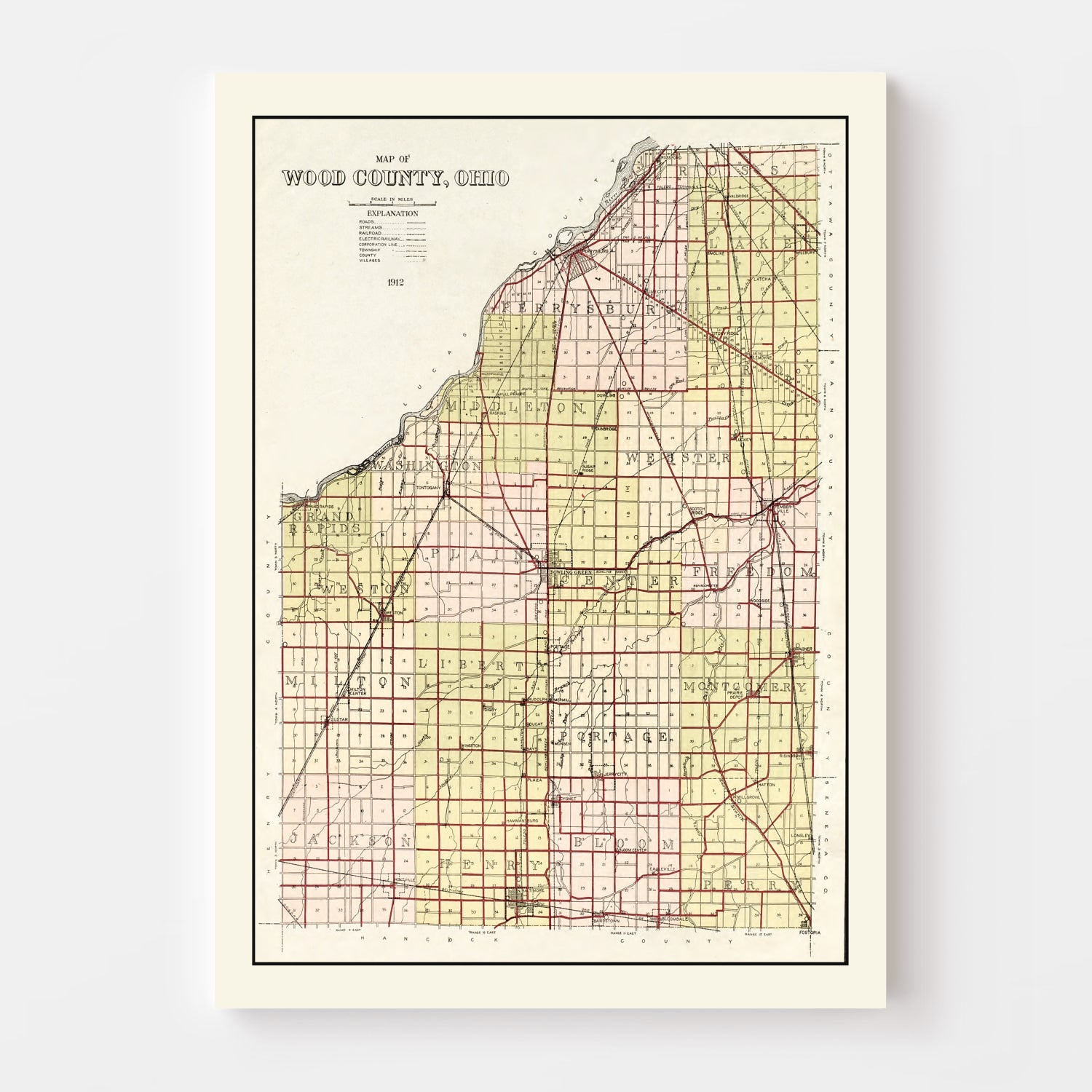 Vintage Map of Wood County, Ohio 1912
