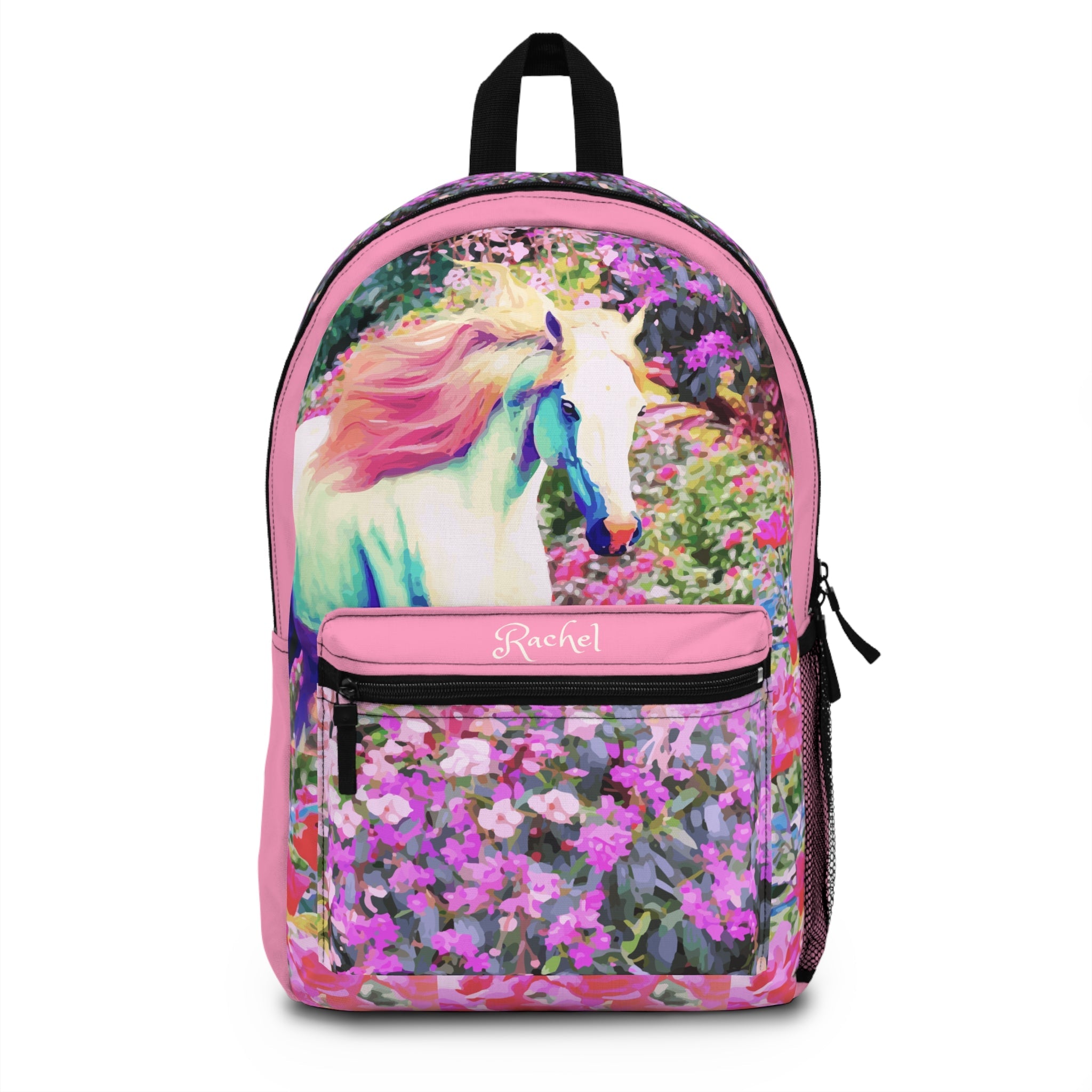 Personalized White Horse Backpack, Colorful School Bag, Floral Kid's Backpack, Fantasy Hiking Pack, Unique Gift for Horse Lovers