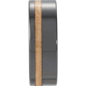 Black Ceramic Cypress Wood Inlay 8 mm Comfort-Fit Flat Band Size 13