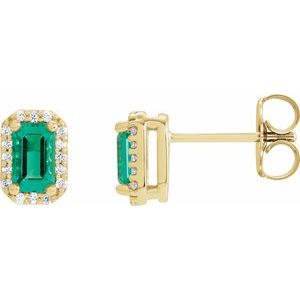 14K Yellow Gold Lab-Grown Emerald & .07 CTW Natural Diamond Halo-Style Earrings