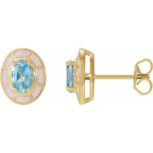 14K Yellow Gold Natural Sky Blue Topaz & White Enamel Stud Earrings