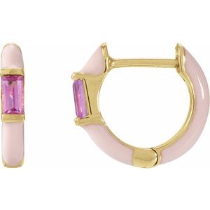 14K Yellow Gold Natural Pink Tourmaline & Pink Enamel Hinged 11 mm Hoop Earrings