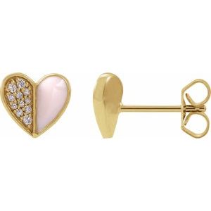 14K Yellow Gold 1/10 Natural Diamond & Pink Enamel Heart Earrings