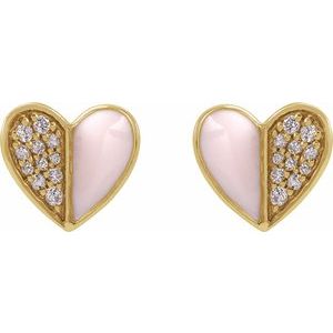 14K Yellow Gold 1/10 Natural Diamond & Pink Enamel Heart Earrings – image 2