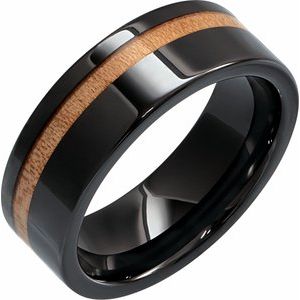 Black Ceramic Cypress Wood Inlay 8 mm Comfort-Fit Flat Band Size 10