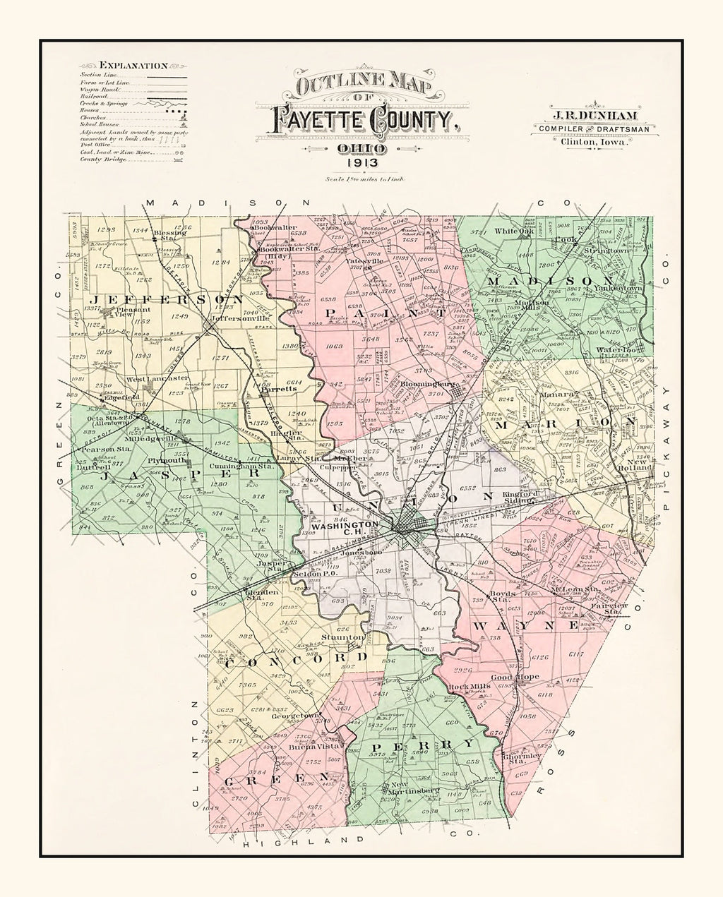Vintage Map of Fayette County, Ohio 1913
