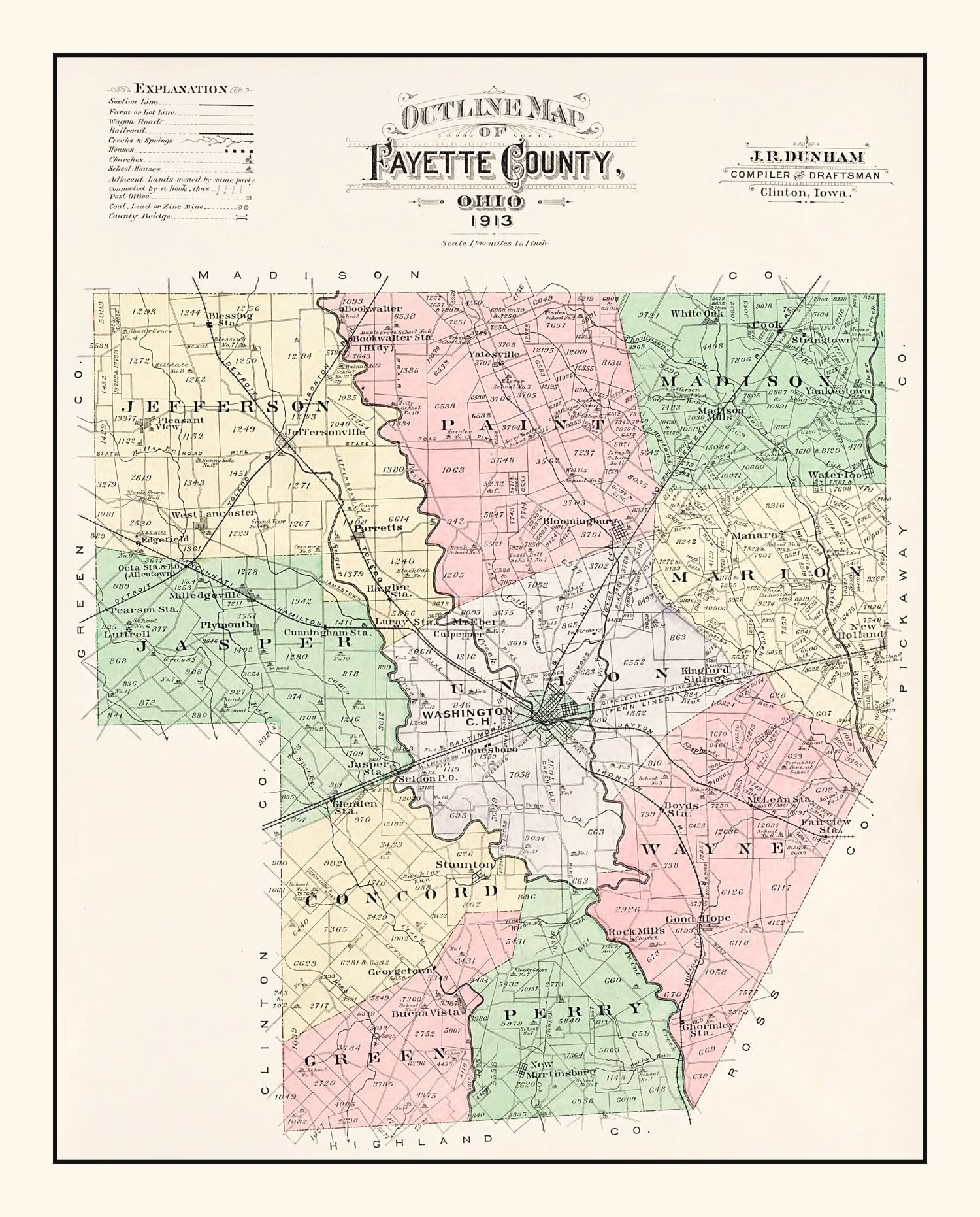 Vintage Map of Fayette County, Ohio 1913