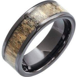 Black Ceramic Antler Wood Inlay 6 mm Comfort-Fit Flat Band Size 13