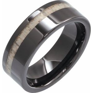 Black Ceramic Antler Wood Inlay 8 mm Comfort-Fit Flat Band Size 7.5