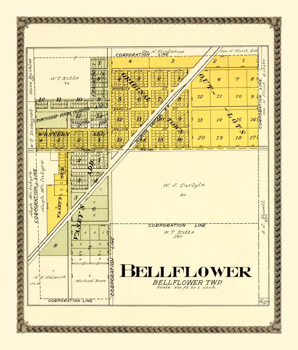 Vintage Map of Bellflower, Illinois 1914
