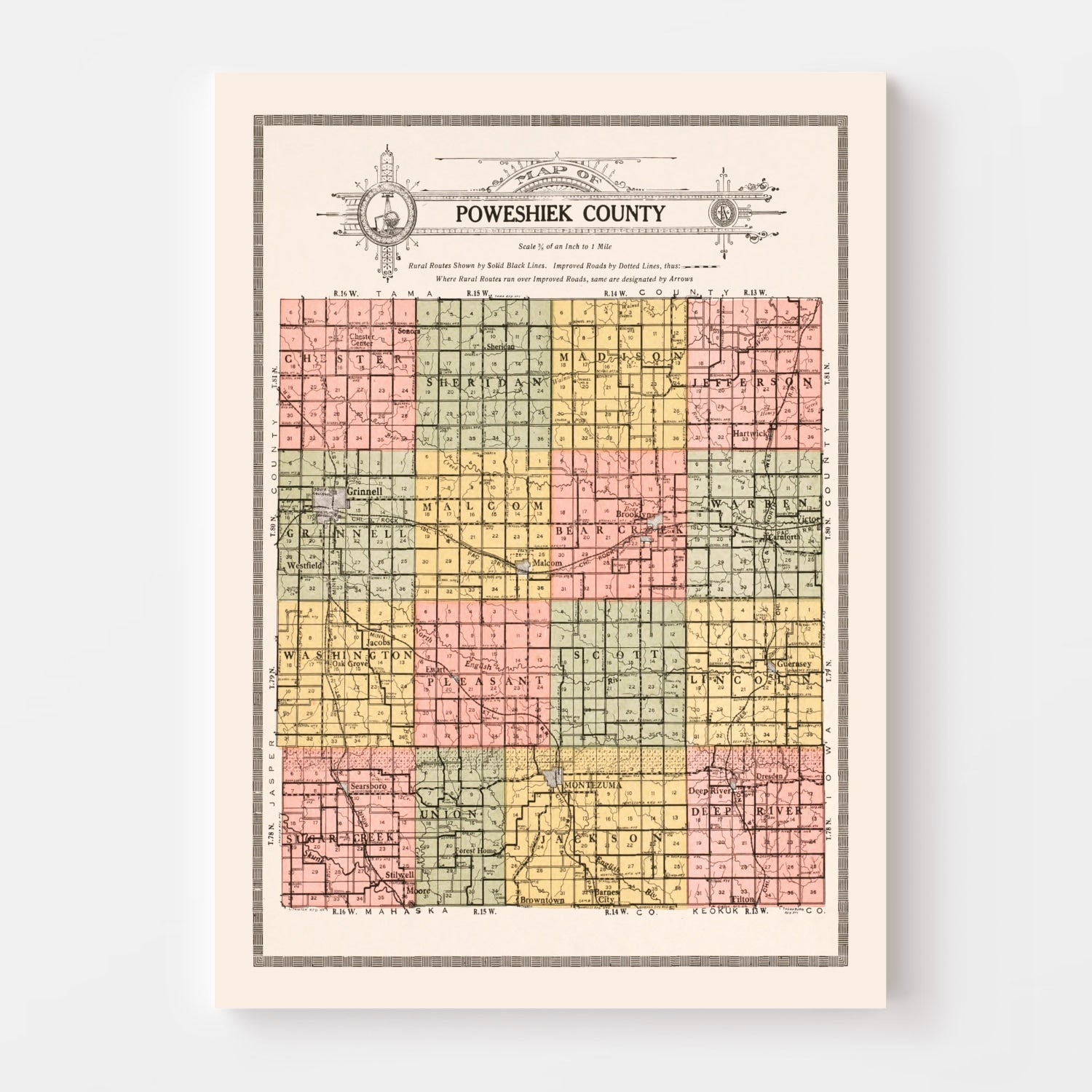 Vintage Map of Poweshiek County, Iowa 1914