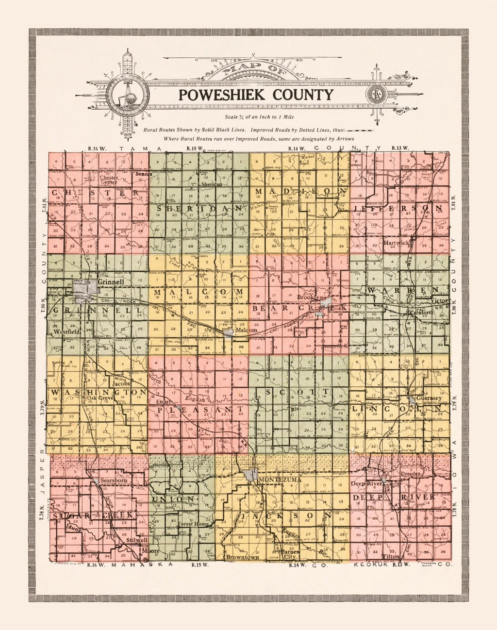 Vintage Map of Poweshiek County, Iowa 1914