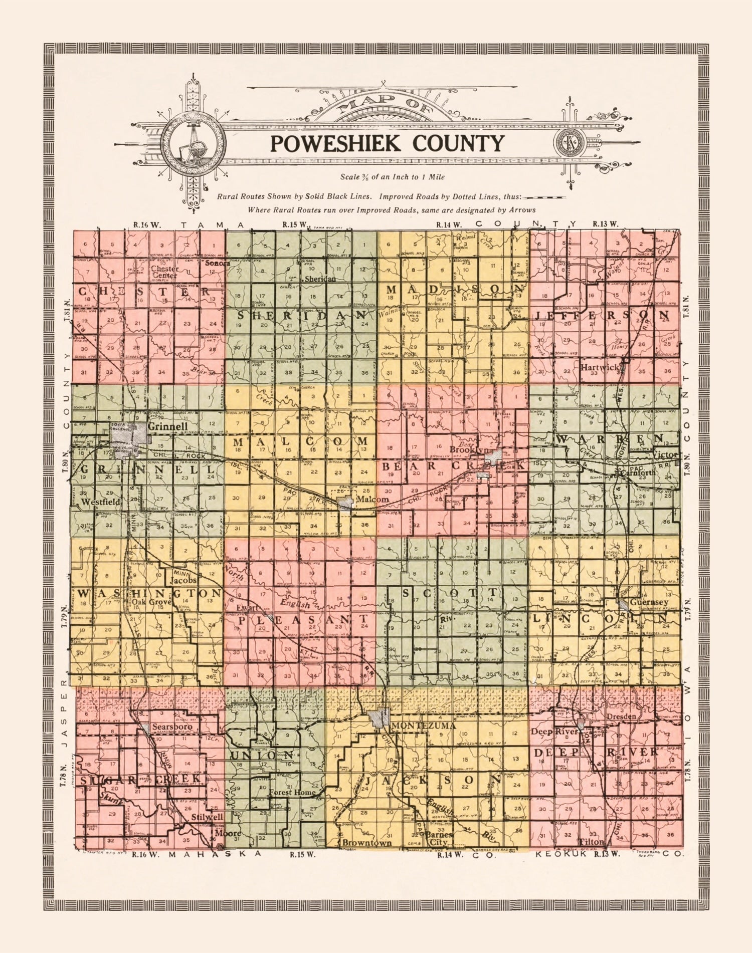 Vintage Map of Poweshiek County, Iowa 1914