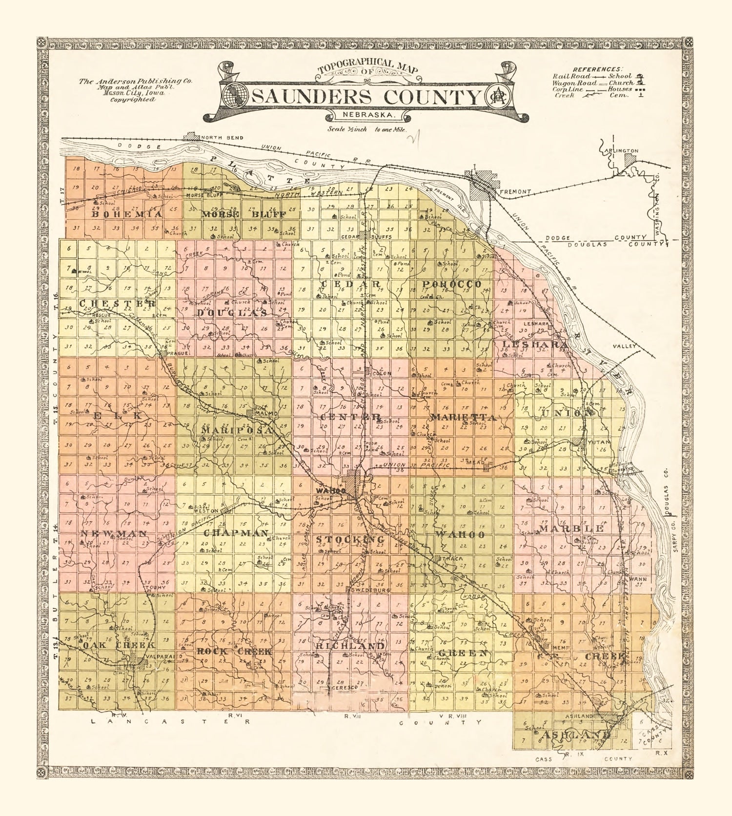 Vintage Map of Saunders County, Nebraska 1916
