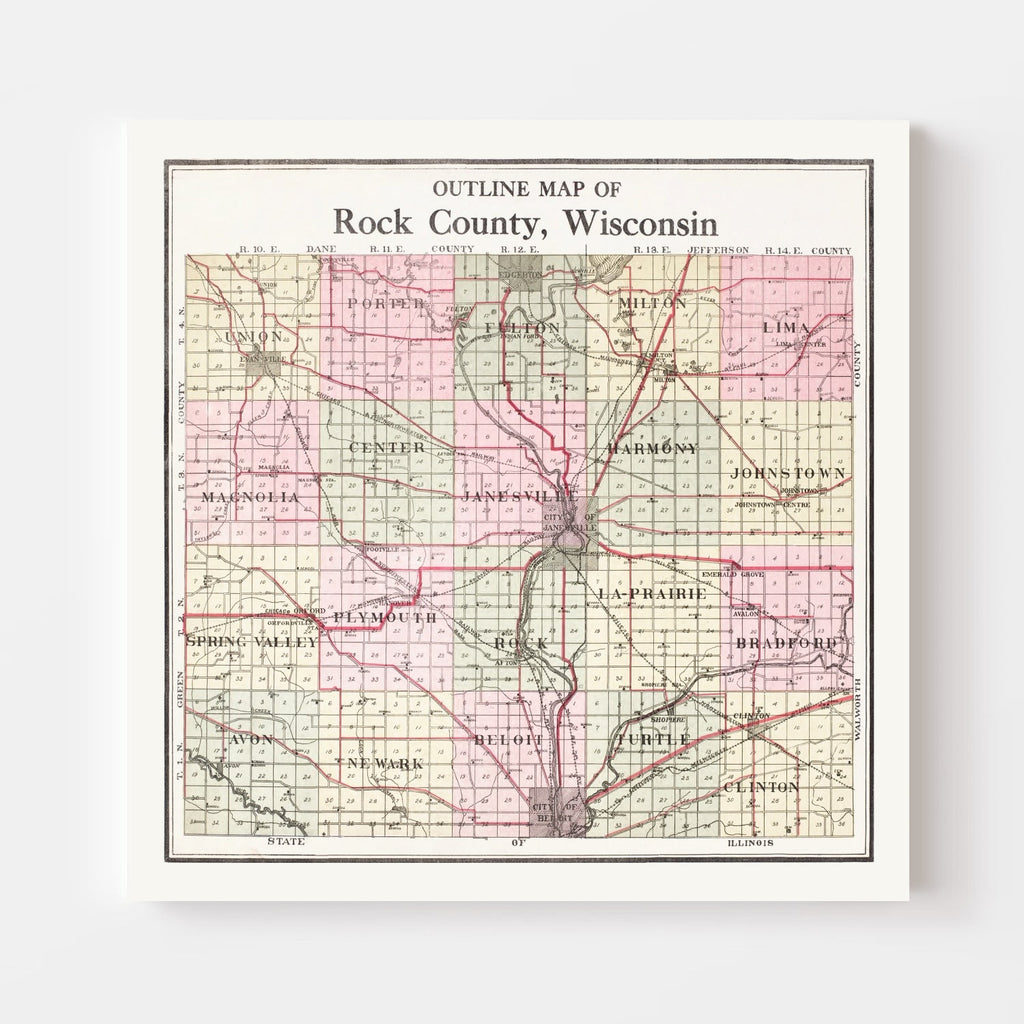 Vintage Map of Rock County, Wisconsin 1917