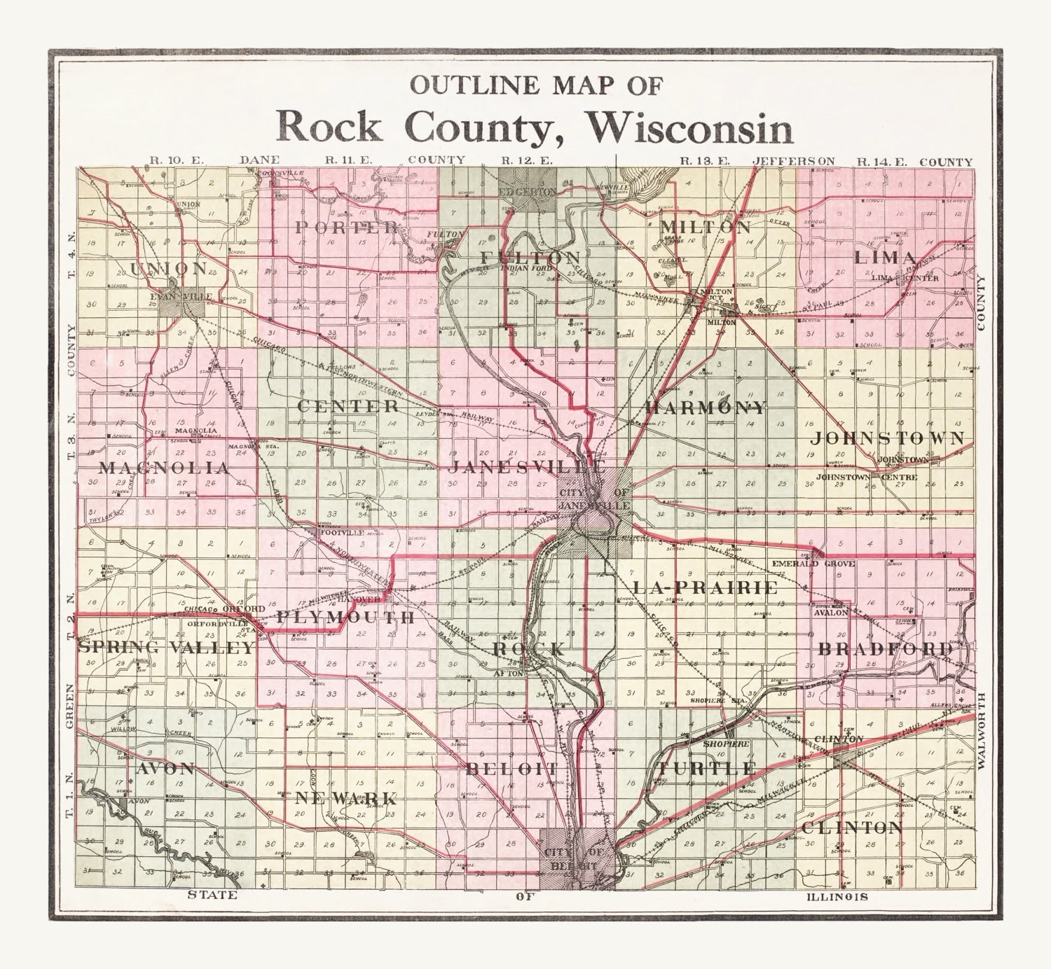 Vintage Map of Rock County, Wisconsin 1917