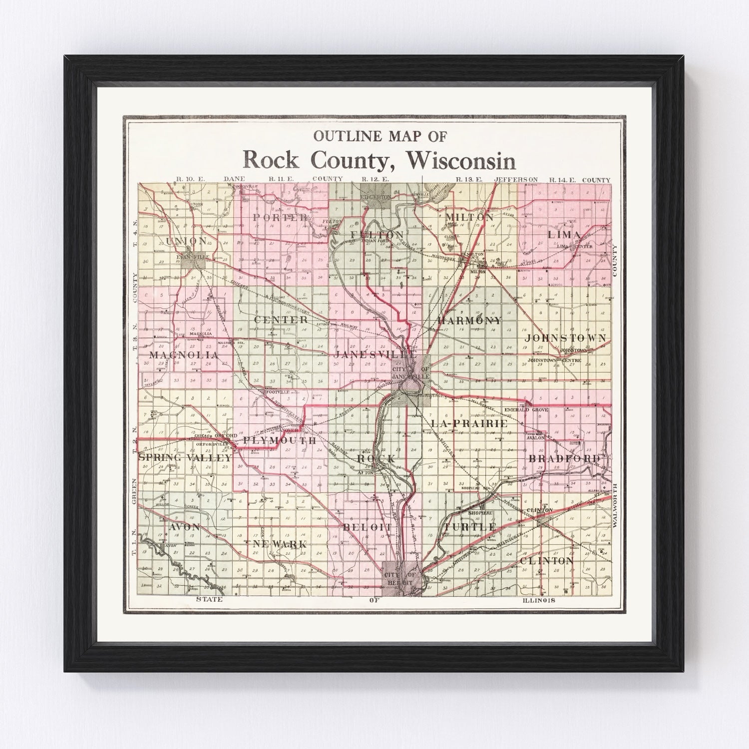 Vintage Map of Rock County, Wisconsin 1917