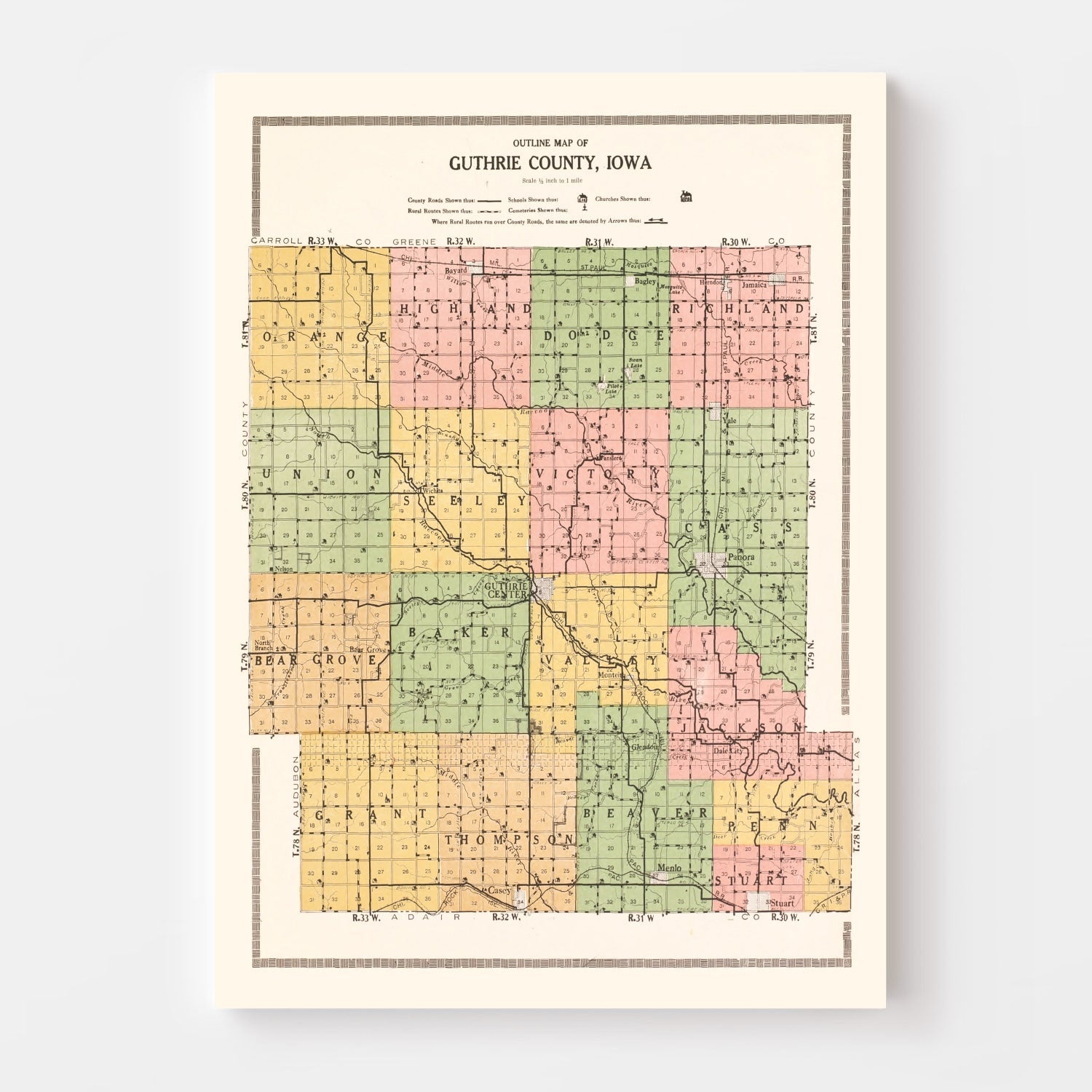 Vintage Map of Guthrie County, Iowa 1917