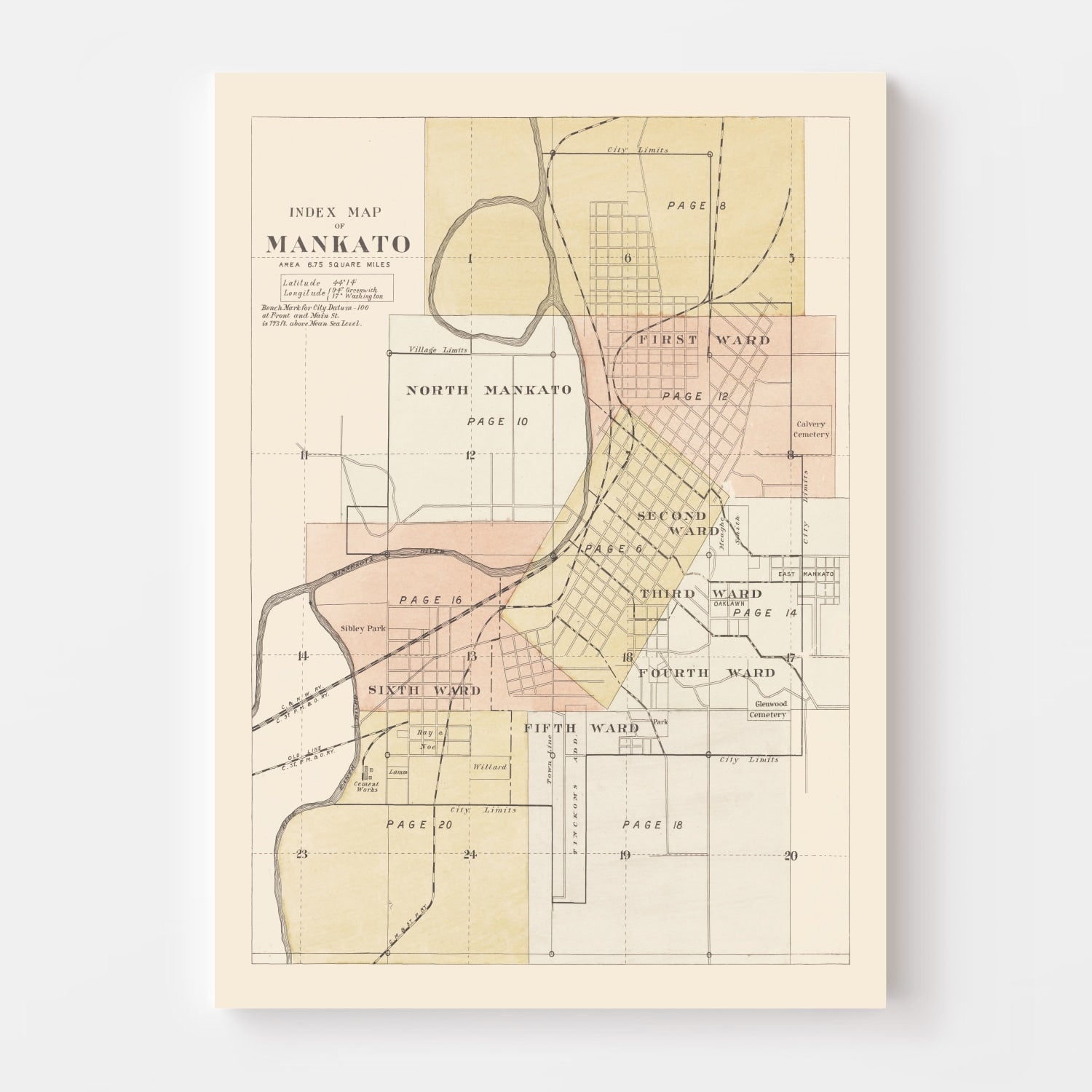 Vintage Map of Mankato, Minnesota 1921