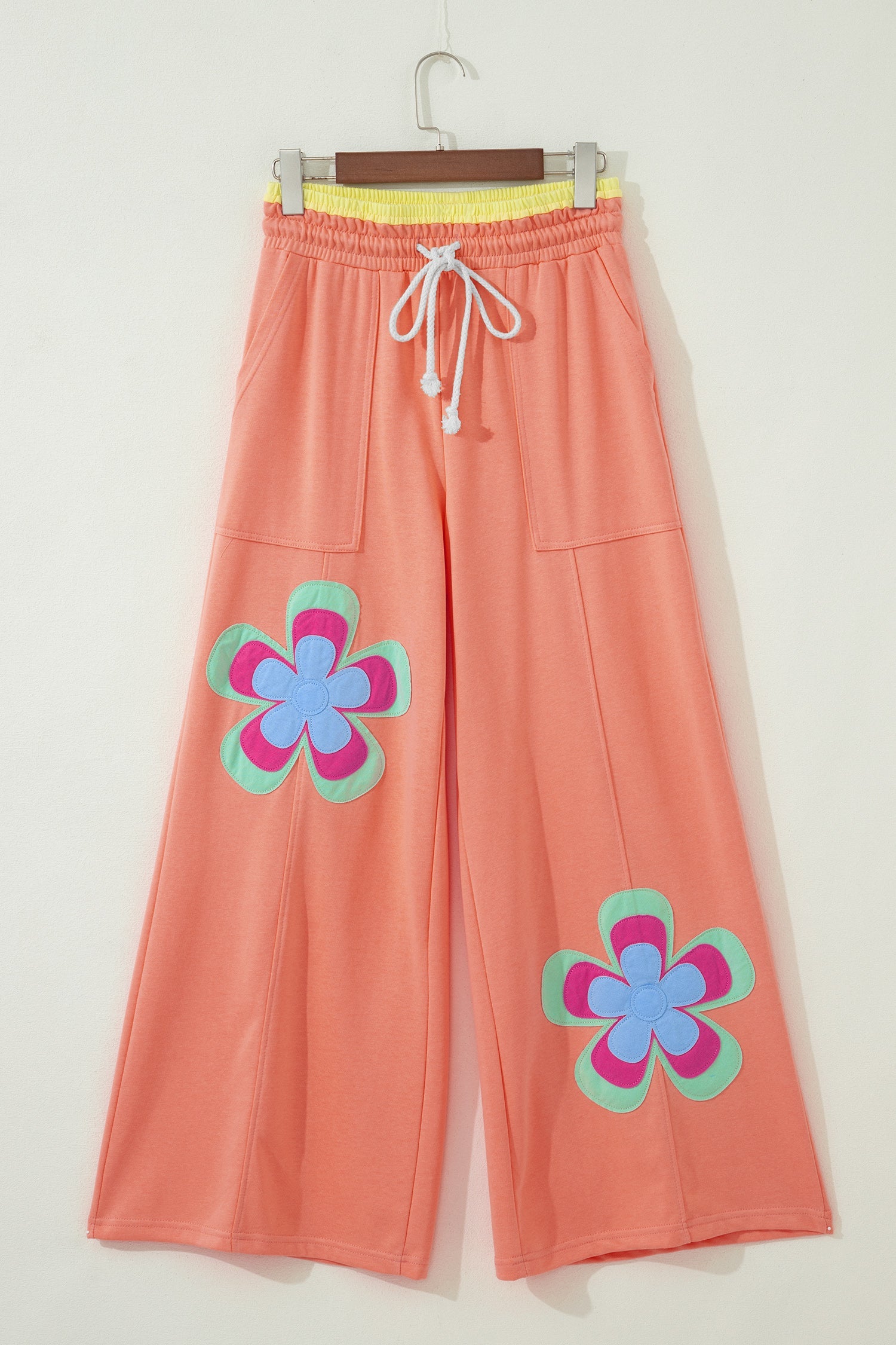 Colorblock Flower Patchwork Drawstring Wide Leg Pants