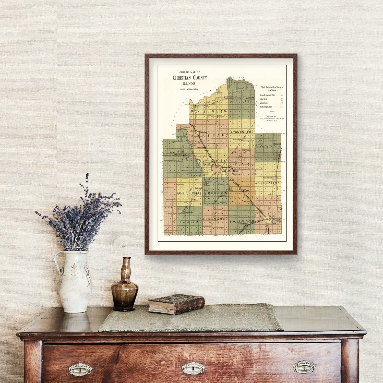 Vintage Map of Christian County, Illinois 1924