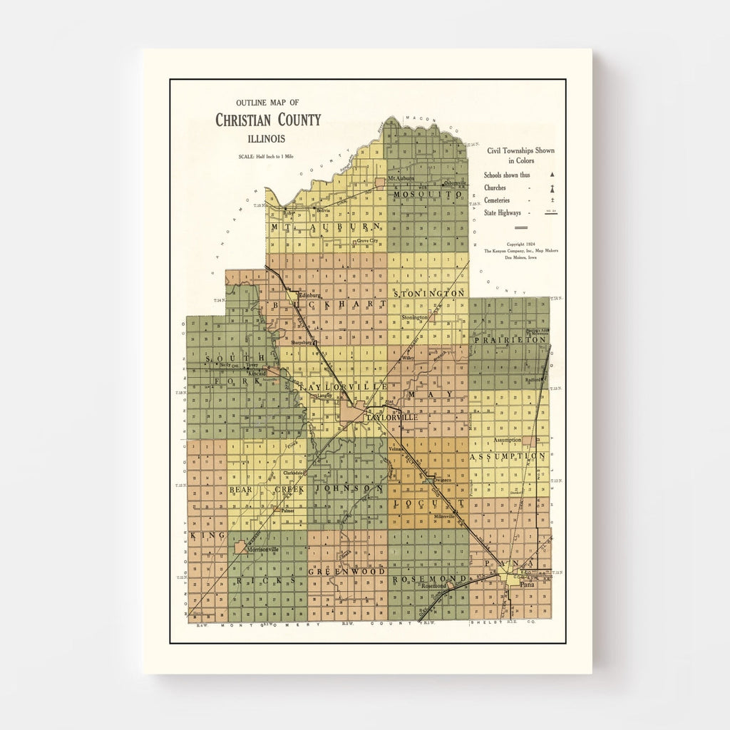 Vintage Map of Christian County, Illinois 1924