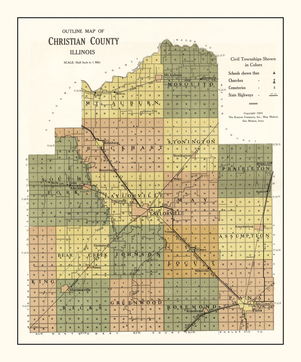 Vintage Map of Christian County, Illinois 1924
