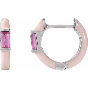 14K White Gold Natural Pink Tourmaline & Pink Enamel Hinged 11 mm Hoop Earrings