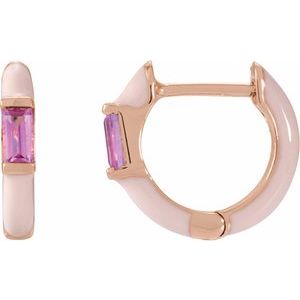 14K Rose Gold  Natural Pink Tourmaline & Pink Enamel Hinged 11 mm Hoop Earrings