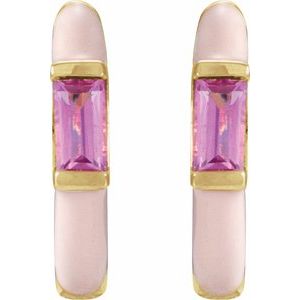 14K Yellow Gold Natural Pink Tourmaline & Pink Enamel Hinged 11 mm Hoop Earrings – image 2