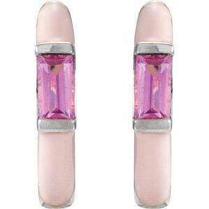 14K White Gold Natural Pink Tourmaline & Pink Enamel Hinged 11 mm Hoop Earrings
