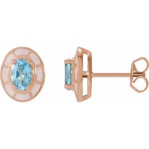14K Rose Gold Natural Sky Blue Topaz & White Enamel Stud Earrings